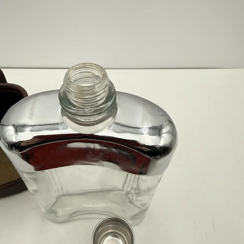Vintage SWANK Glass Flask‎ Canvas Faux Leather Case Shot Glass Lid EUC